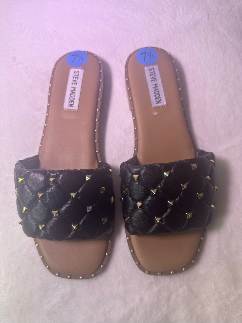 Steve Madden Black Quilted Slide with Gold Pyramid Studs - Picture 4 of 8